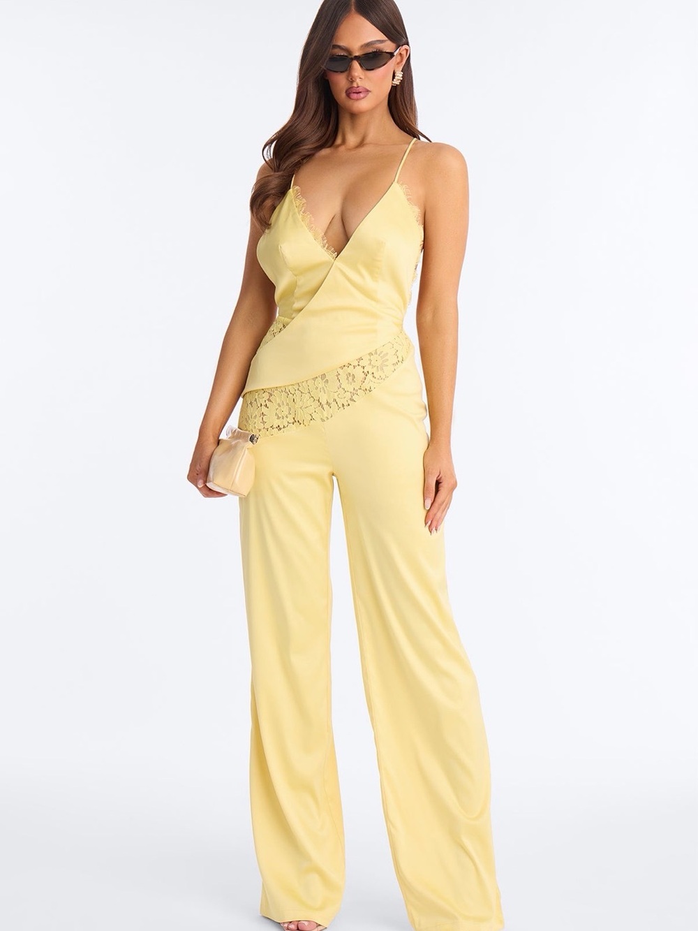 Fashion Nova Lemon Satin Lace-Trim Wide-Leg Jumpsuit